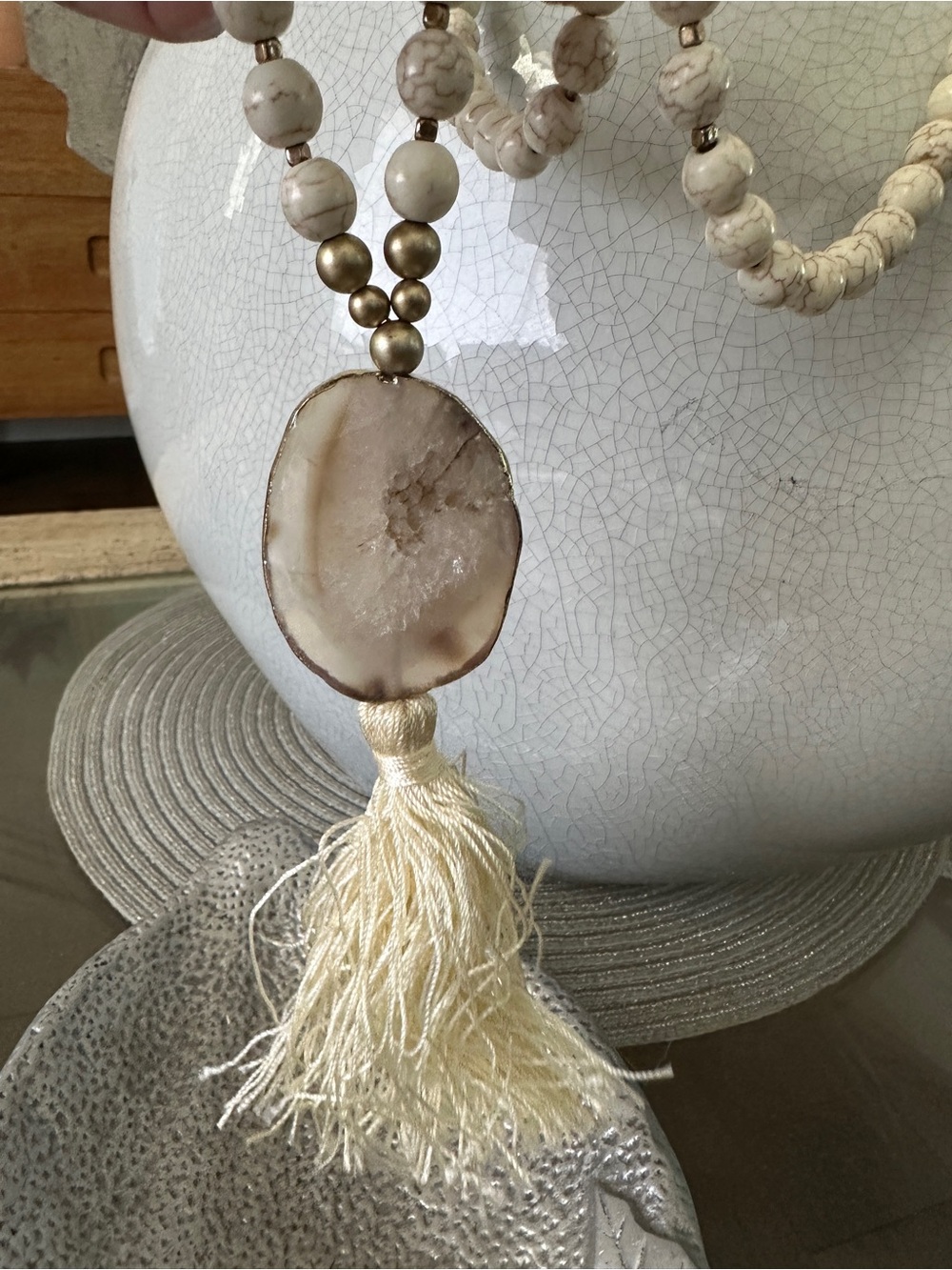 Cream Stone Pendant Tassel Necklace - Unbranded Women Jewelry